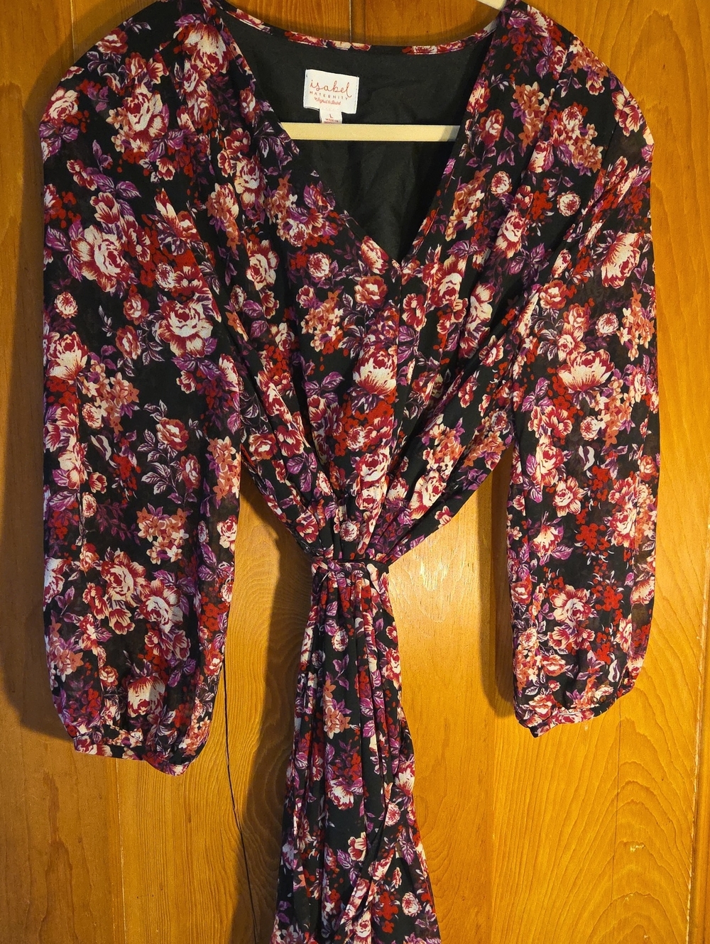 Isabel Marant Black Floral Tie-Front Maternity Dress with Red and Purple Blooms